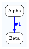 digraph test {
	ratio="compress"; concentrate = "true"; name = "AnalysisWorkflow"; pad = "0";
	analysis_Alpha [fillcolor="white", fontname="Times-Roman", label=<<table border="0" cellborder="0" cellspacing="0" cellpadding="1"><tr><td colspan="1">Alpha</td></tr></table>>, shape="Mrecord", style="filled"];
	analysis_Beta [fillcolor="white", fontname="Times-Roman", label=<<table border="0" cellborder="0" cellspacing="0" cellpadding="1"><tr><td colspan="1">Beta</td></tr></table>>, shape="Mrecord", style="filled"];
	analysis_Alpha -> analysis_Beta [color="blue", fontcolor="blue", fontname="Helvetica", label="#1\n"];

subgraph "cluster_tmprqbu_bpm" {
	label="";
	style="filled";
	colorscheme="blues9";
	fillcolor="1";
	color="1";
	analysis_Alpha;
	analysis_Beta;
}
}