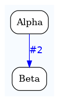 digraph test {
	ratio="compress"; concentrate = "true"; name = "AnalysisWorkflow"; pad = "0";
	analysis_Alpha [fillcolor="white", fontname="Times-Roman", label=<<table border="0" cellborder="0" cellspacing="0" cellpadding="1"><tr><td colspan="1">Alpha</td></tr></table>>, shape="Mrecord", style="filled"];
	analysis_Beta [fillcolor="white", fontname="Times-Roman", label=<<table border="0" cellborder="0" cellspacing="0" cellpadding="1"><tr><td colspan="1">Beta</td></tr></table>>, shape="Mrecord", style="filled"];
	analysis_Alpha -> analysis_Beta [color="blue", fontcolor="blue", fontname="Helvetica", label="#2\n"];

subgraph "cluster_tmprqbu_bpm" {
	label="";
	style="filled";
	colorscheme="blues9";
	fillcolor="1";
	color="1";
	analysis_Alpha;
	analysis_Beta;
}
}